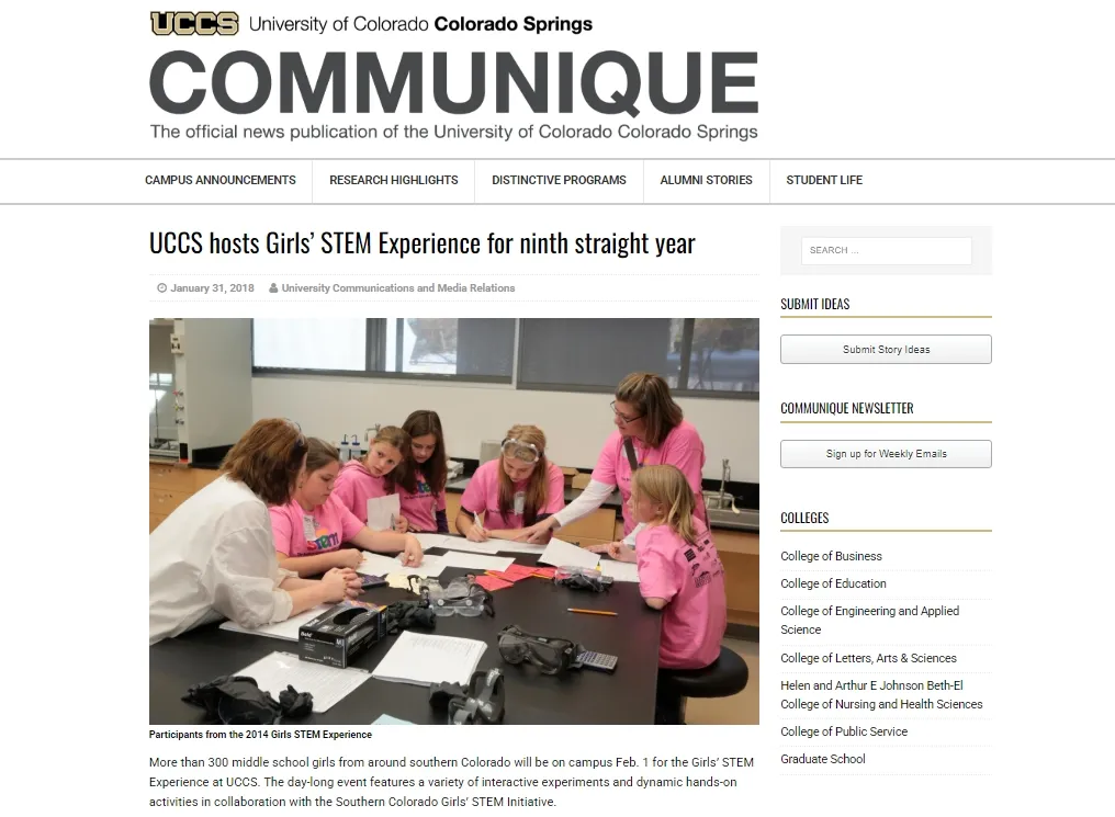 Communique Article: UCCS hosts Girls’ STEM Experience for ninth straight year 