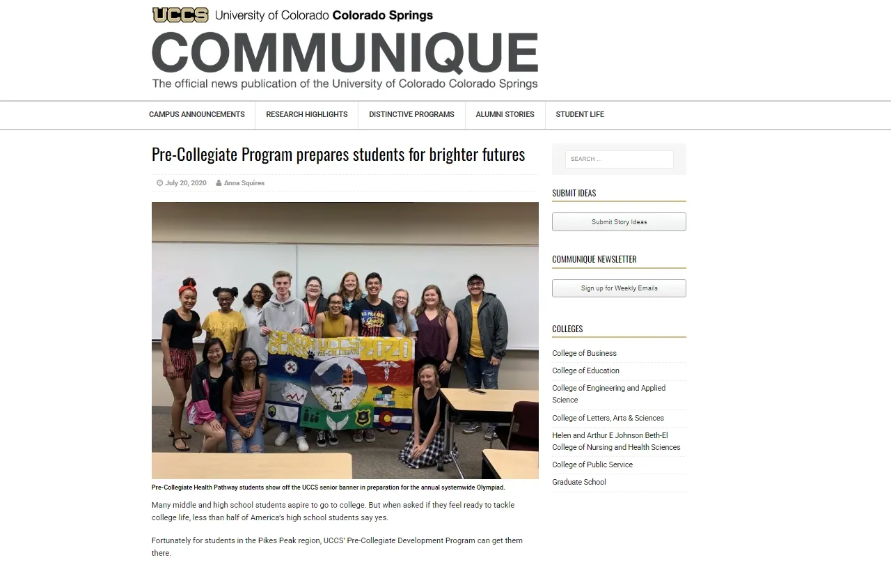Communique page entitled: "Pre-Collegiate program prepares students for brighter future"