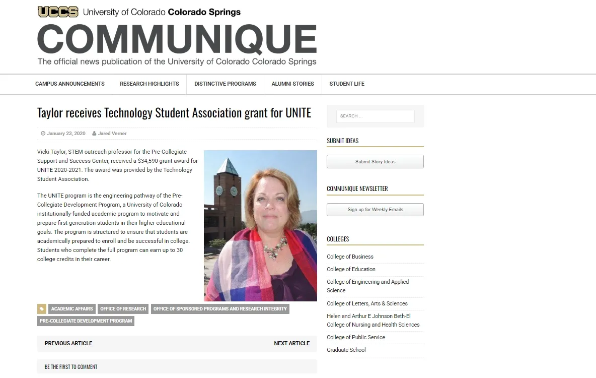 Communique page entitled: "Taylor receives Technology Student Association grant for UNITE" 