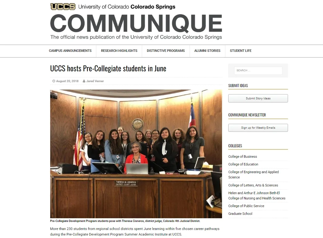 Communique page entitled: "UCCS hosts Pre-Collegiate students in June " 