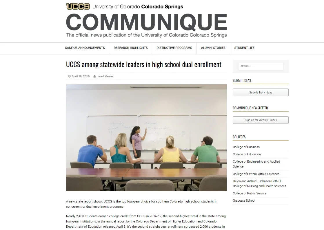 Communique page entitled: "UCCS among statewide leaders in high school dual enrollment" 